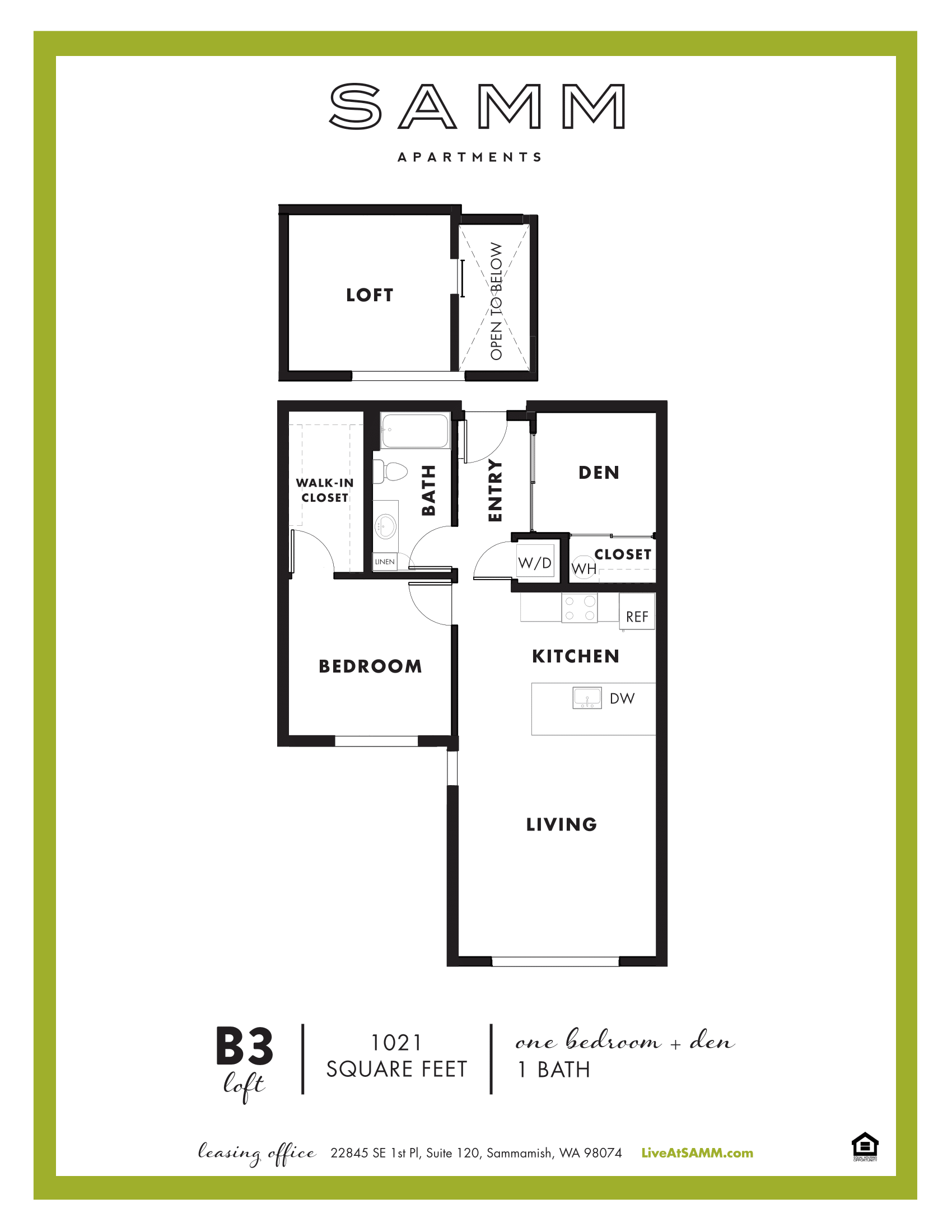 Floor plan for 1 bed, 1 bath, 1021 sqft